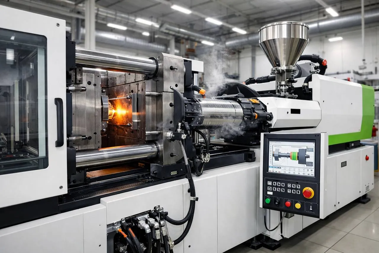 Injetora de termoplásticos em operação industrial
