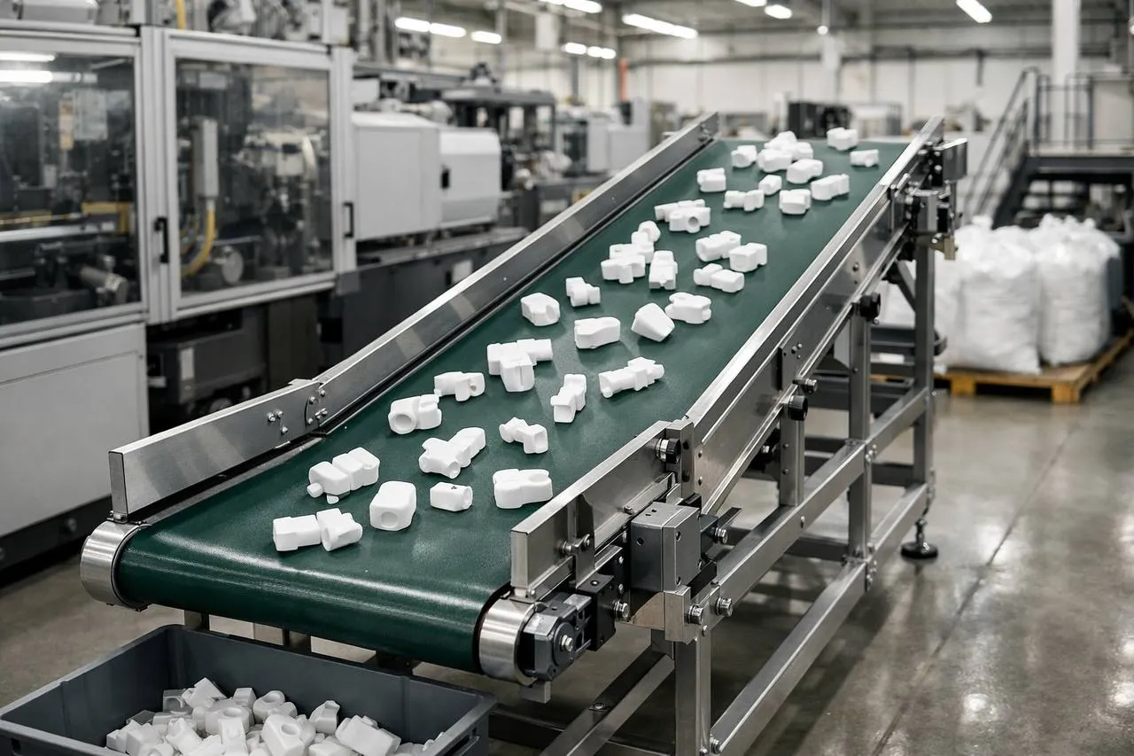 Esteira transportadora com peças plásticas injetadas — equipamentos periféricos representados pela DORATHAS