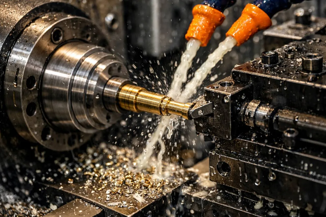 Torno CNC usinando peças de precisão