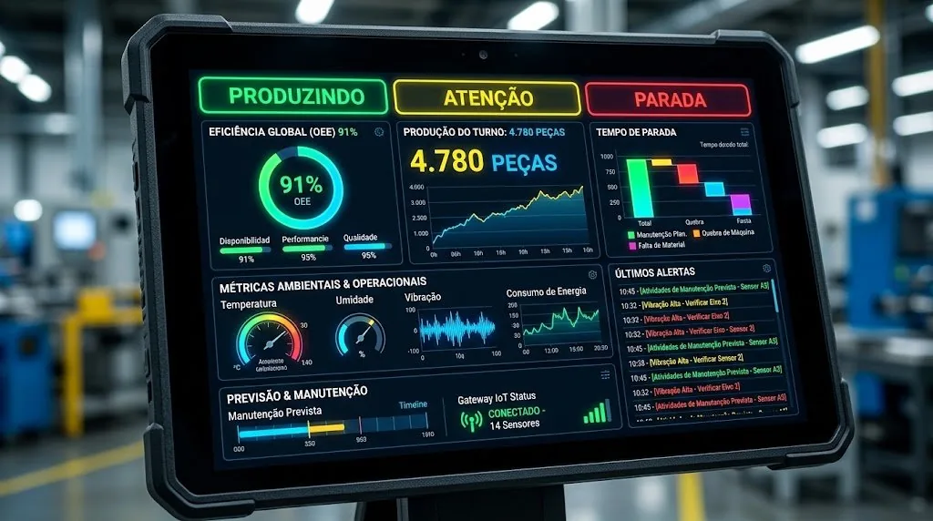 Painel de monitoramento de produção mostrando status da máquina, OEE, produção do turno e tempo de parada