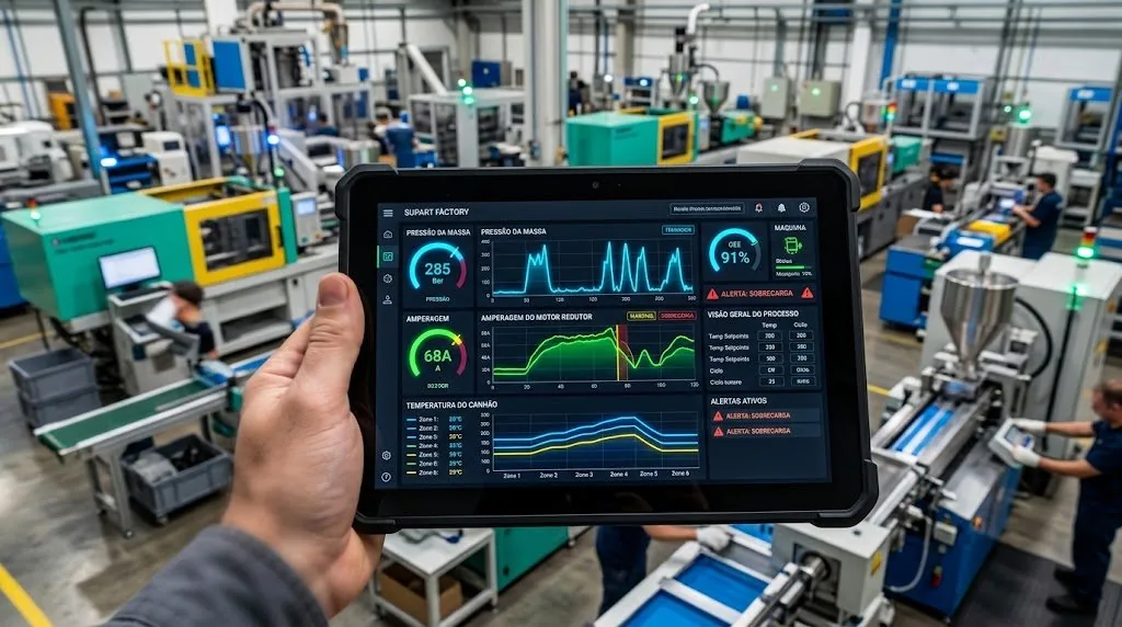 Tablet mostrando pressão da massa, amperagem do motorredutor e temperatura do canhão por zona em tempo real